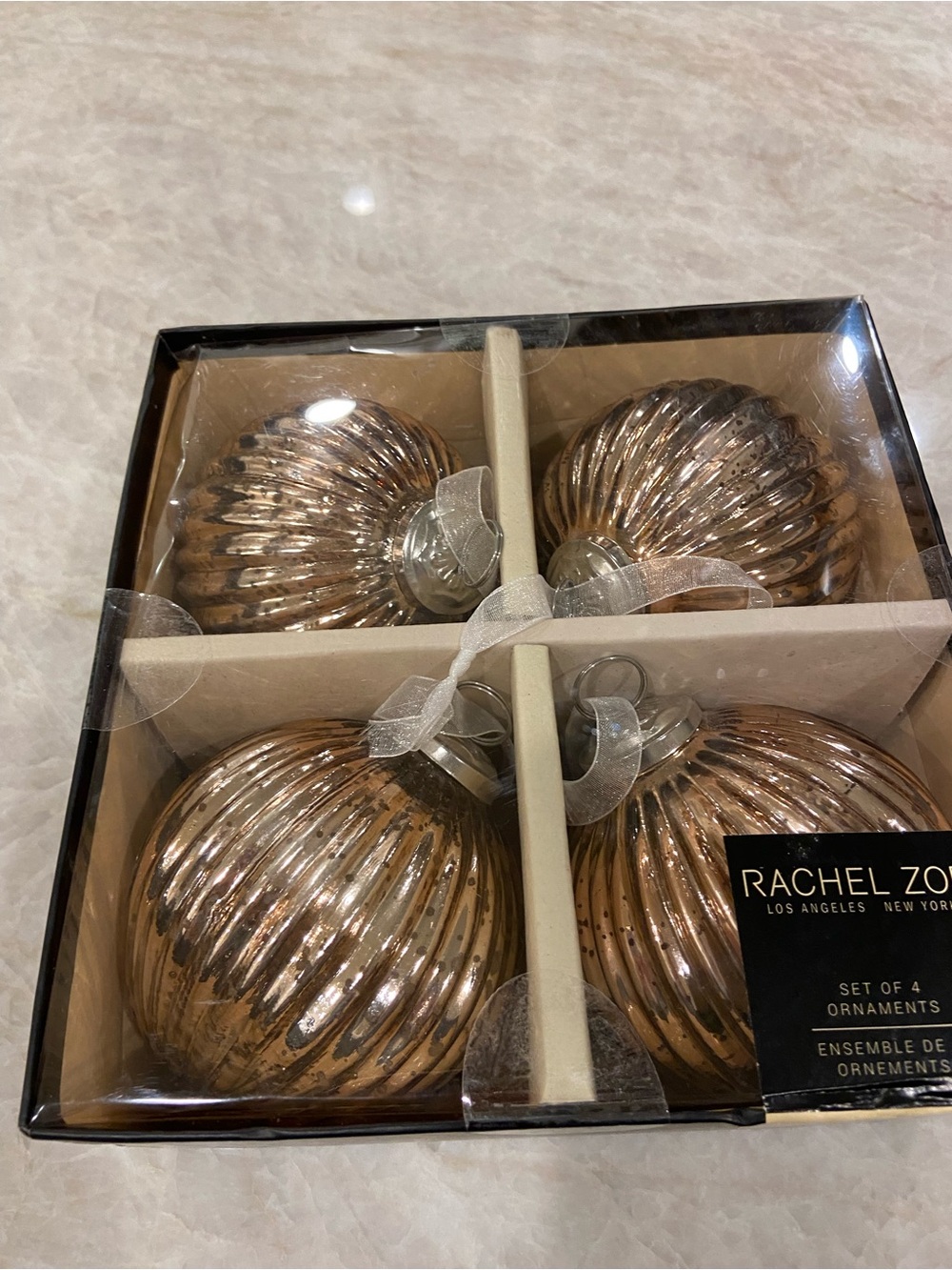 Rachel Zoe Metallic Champagne Ribbed Glass Holiday Ornaments - Set of 4